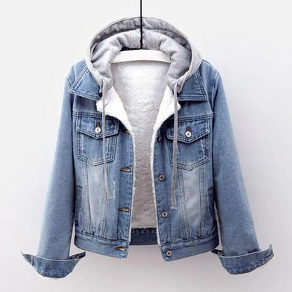 Women Solid Long Sleeves Detachable Hat Denim Jacket