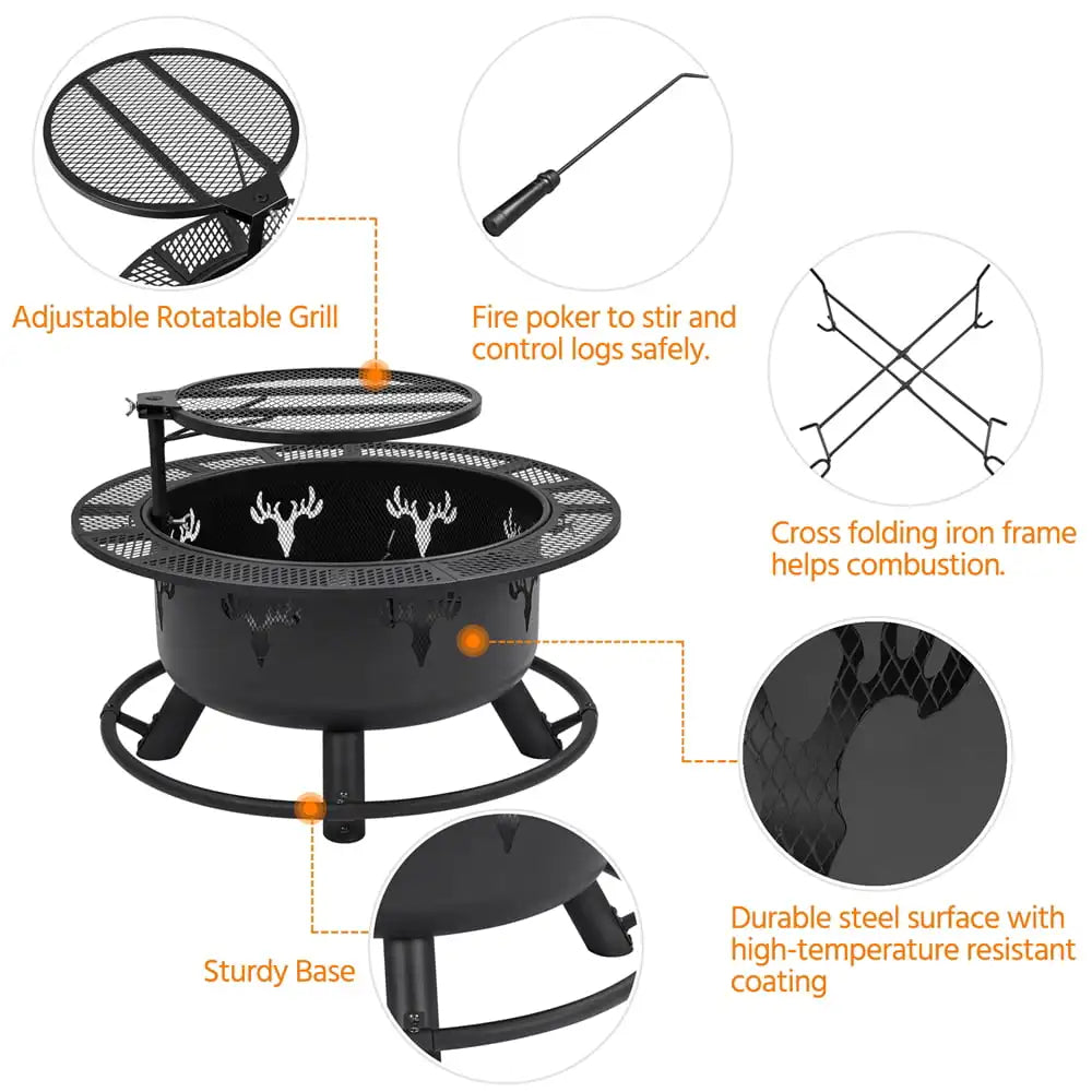 Modern 32" Round Black Finish Iron Fire Pit