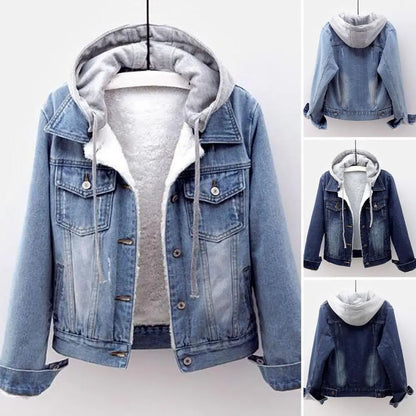 Women Solid Long Sleeves Detachable Hat Denim Jacket