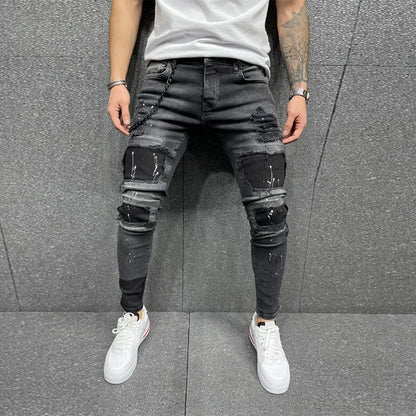 Men Knee Hole Ripped Stretch Skinny Denim Pants