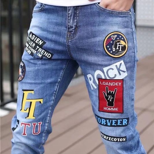 Mens  Embroidery Skinny Denim Pencil Pants