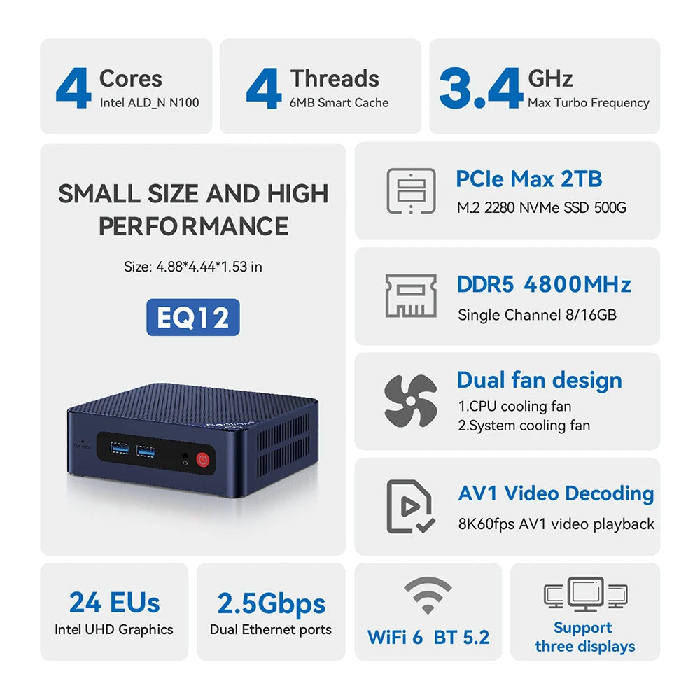 EQ12 Intel 12th N100 DDR5 EQ12 Pro N305 Mini PC