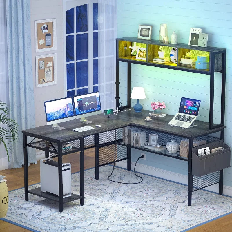 L Shaped Computer Desk with LED Strip and Power Outlets