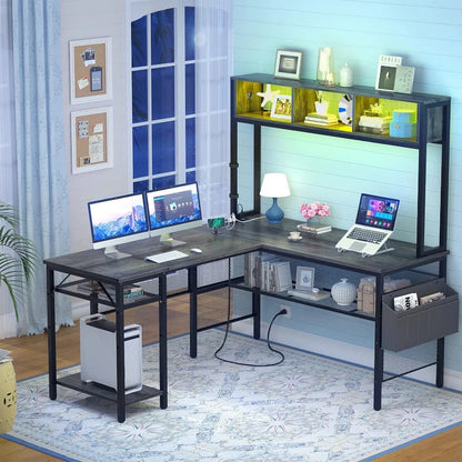 L Shaped Computer Desk with LED Strip and Power Outlets