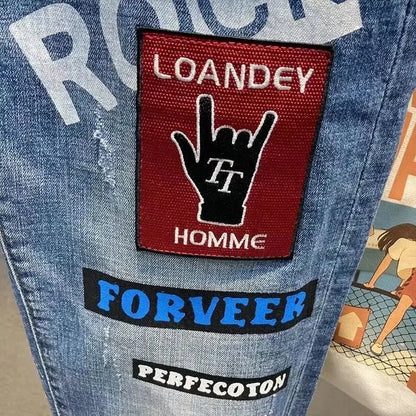 Mens  Embroidery Skinny Denim Pencil Pants